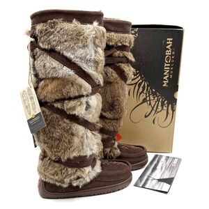 Manitobah Tall Wrap Mukluks Tall Rabbit Fur Suede Boots Brown Sz 6 Women's